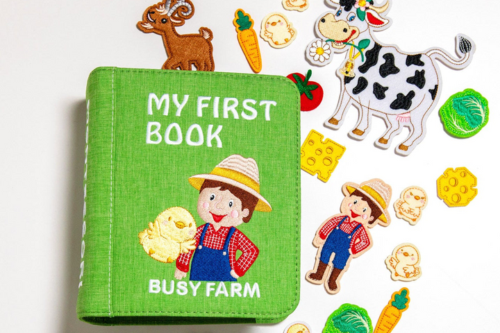 MyFirstBook Busy Farm fabric book with detachable farm animal and vegetable felt pieces for toddlers