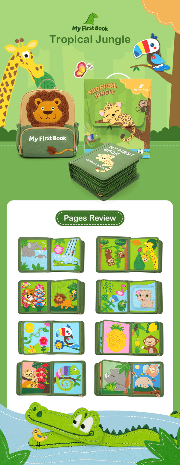 MyFirstBook Tropical Jungle fabric busy book with backpack, interactive pages featuring jungle animals
