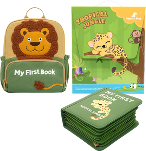 My First Book Tropical Jungle fabric busy book with lion backpack, packaging, and stacked book pages