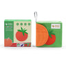 Small Hands MyFirstBook fabric busy book with vegetable theme showing tomato and pumpkin designs in box and open book format