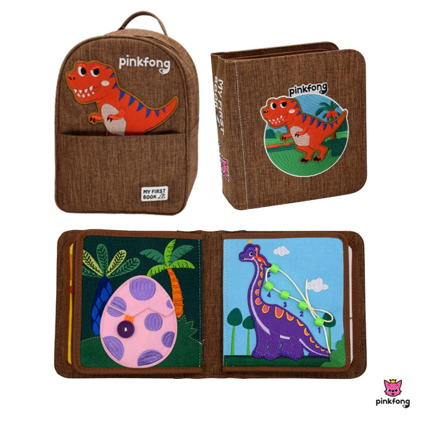 My First Book Dinosaur busy book product shot, showing the Montessori inspired, sensory busy book, waterproof backpack and packaging that makes a perfect baby gift. 