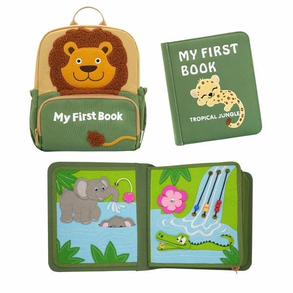 MyFirstBook tropical jungle fabric busy book backpack and board book with lion, leopard, elephant and crocodile designs