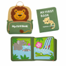 MyFirstBook tropical jungle fabric busy book backpack and board book with lion, leopard, elephant and crocodile designs