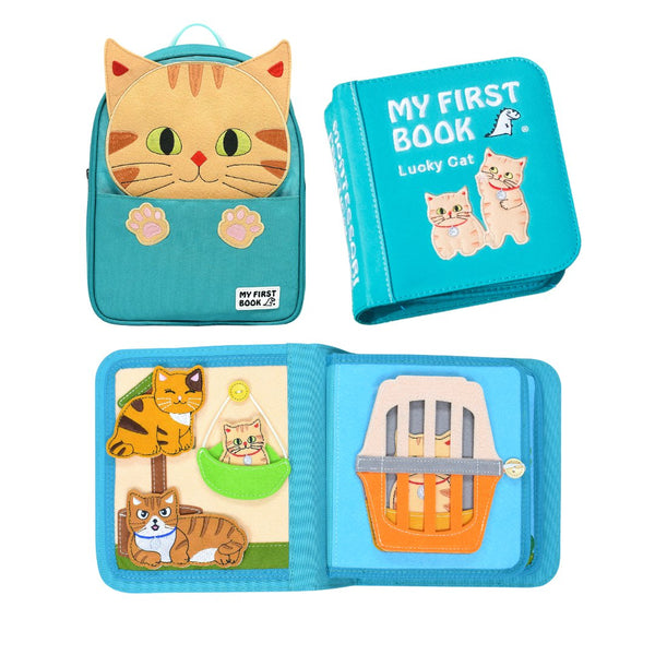 My First Book Lucky Cat busy book product photo showcasing the sensory features, Montessori-inspired design, and the included cat-themed backpack. A perfect gift for babies.