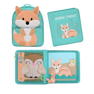 My First Book Nordic Forest busy book product photo showcasing the Montessori-inspired book both open and closed, along with the included fox backpack. A wonderful gift choice for babies.