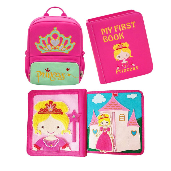 My First Book Princess busy book product photo showing the sensory features, the Montessori inspired book, and the included backpack. Makes a great baby gift.