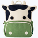 cream and black cow face backpack with green belly pocket and handles