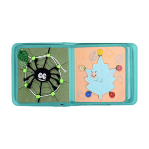 Two pages of My First Book Nordic Forest busy book product photo, showing the insects characters and sensory interactive play in this Montessori inspired book. Makes a great baby gift.