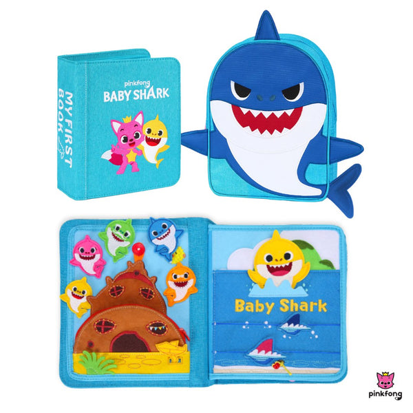 My First Book Baby Shark busy book product shot, showing the Montessori inspired busy book, waterproof backpack and packaging that makes a perfect baby gift. 