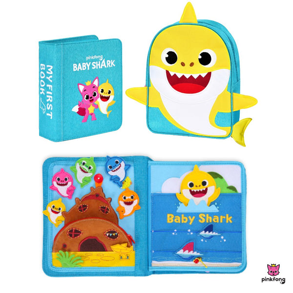 My First Book Baby Shark busy book product shot, showing the Montessori inspired busy book, waterproof backpack and packaging that makes a perfect baby gift. 