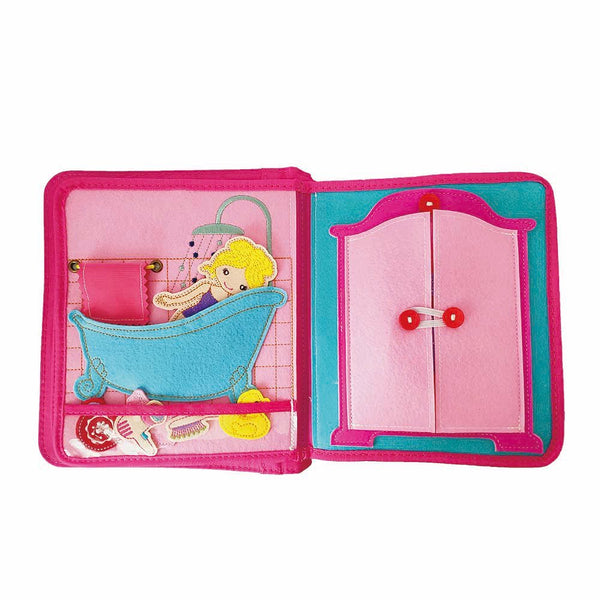 Two pages of My First Book Princess busy book product photo, showing the cute characters and sensory interactive play in this Montessori inspired book. Makes a great baby gift.