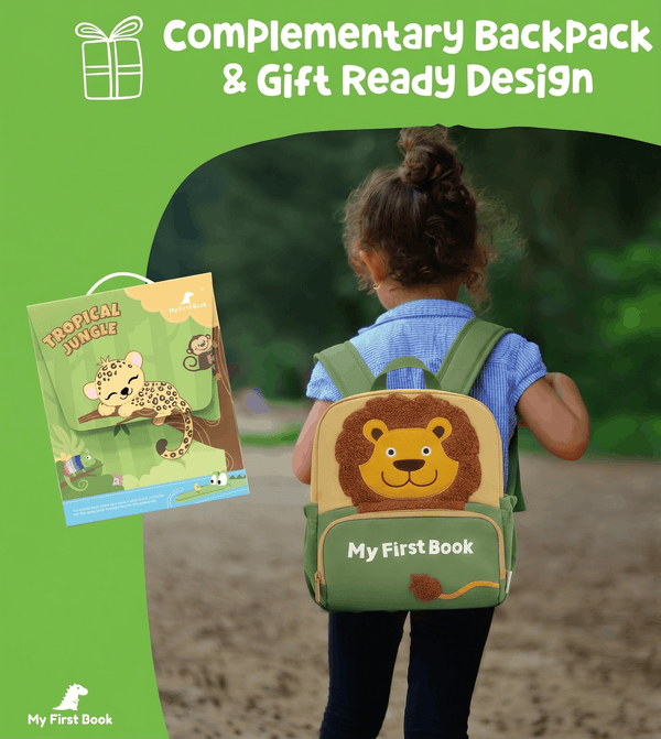 toddler wearing lion backpack with tropical jungle book shown on green background